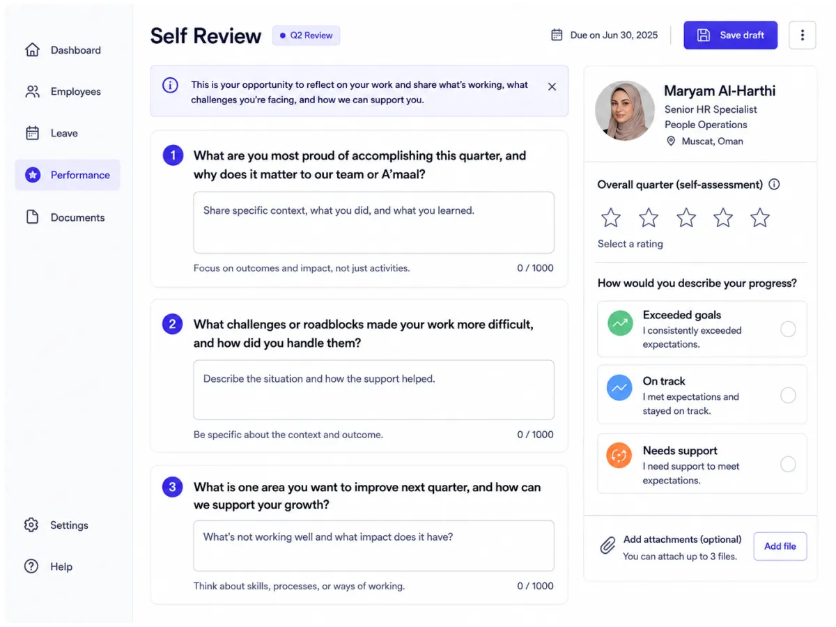 Amaal employee self-review screen